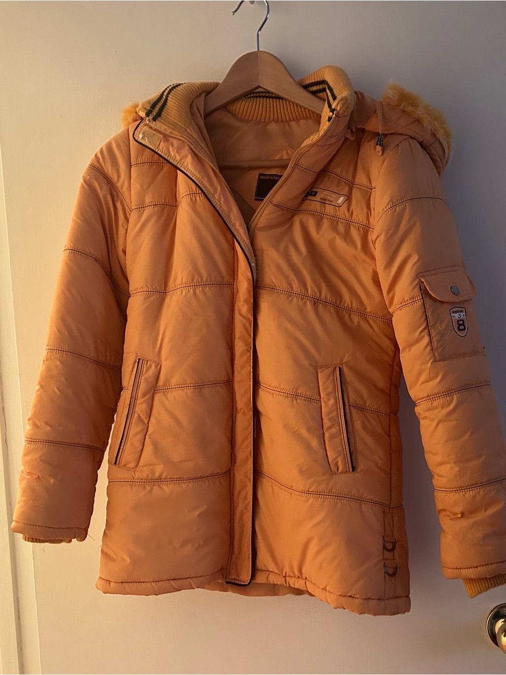 Women's Orange Hooded fur Puffer Coat